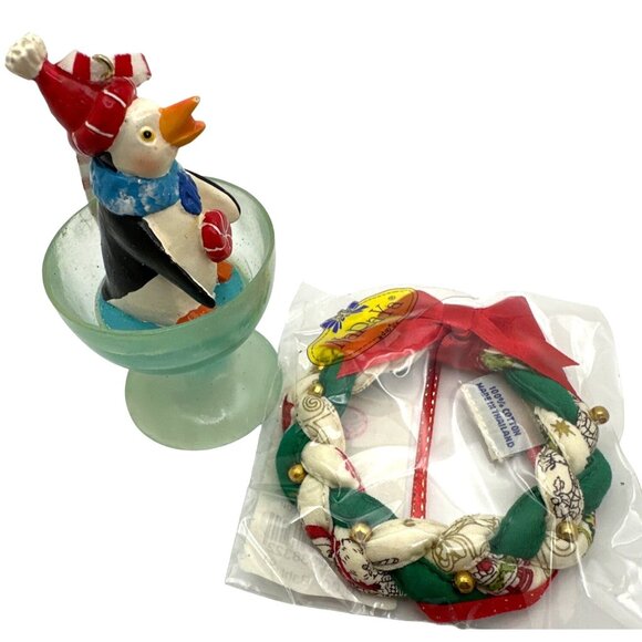 Festive Christmas Ornament Penguin in Cup & Wreath Vintage Lot of 2 Gift Giving - Picture 3 of 6